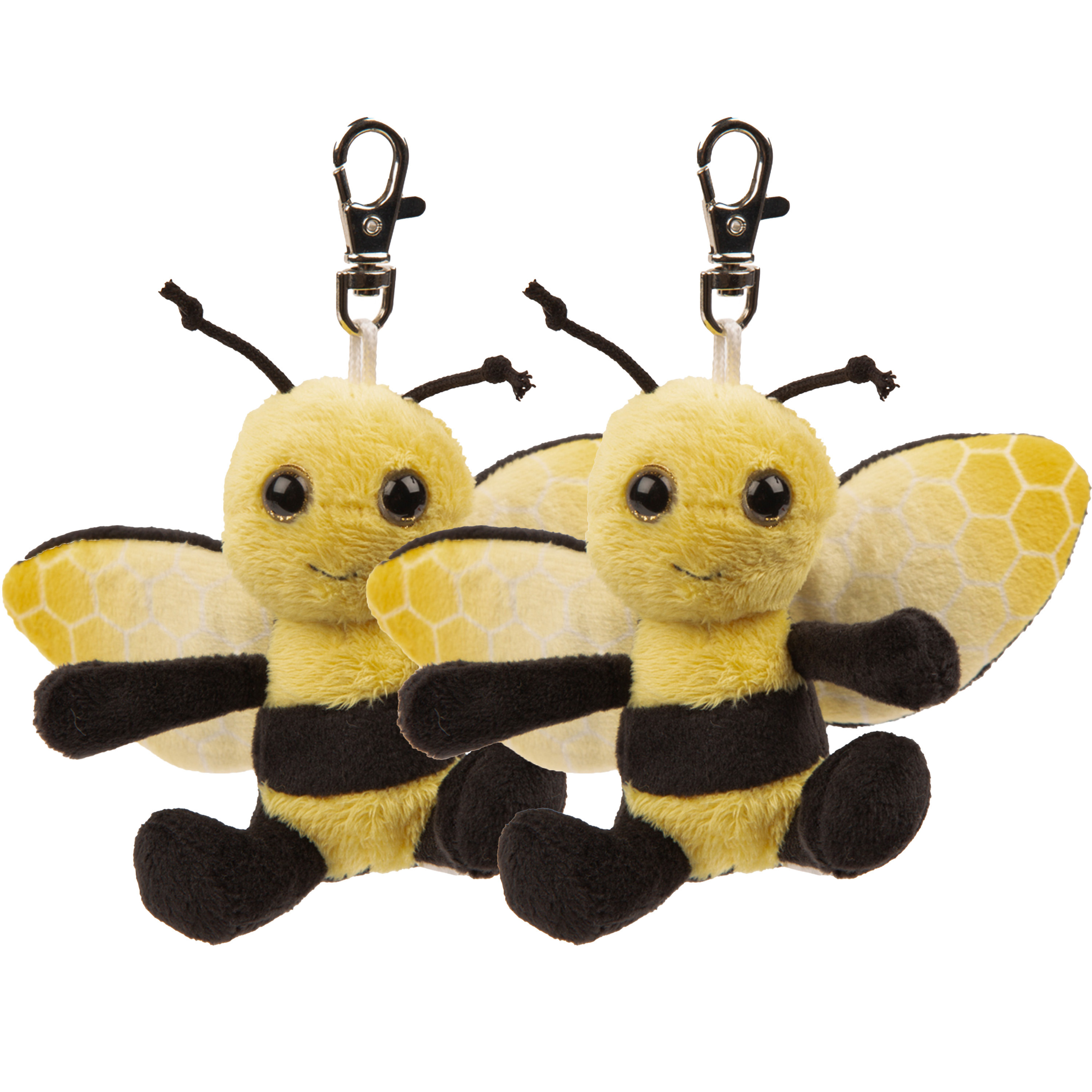 Suki Gifts Pluche knuffeldier Bijen sleutelhanger - 2x - geel/zwart - 9 cm - clip sluiting -