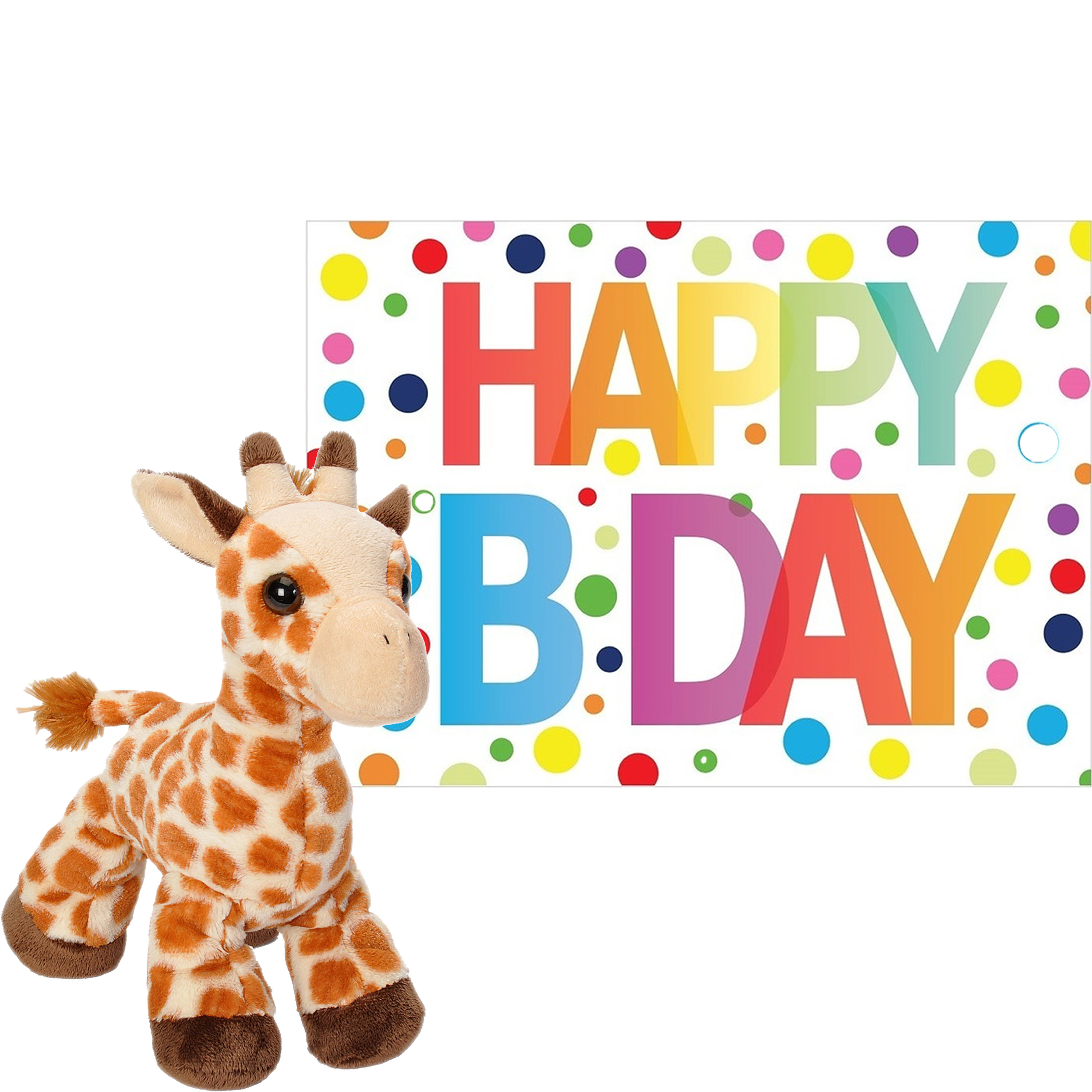 Wild Republic Pluche dieren knuffel giraffe 18 cm met Happy Birthday wenskaart -