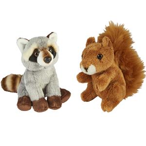 Bosdieren zachte pluche knuffels 2x stuks - Wasbeer en Eekhoorn van 15 cm -