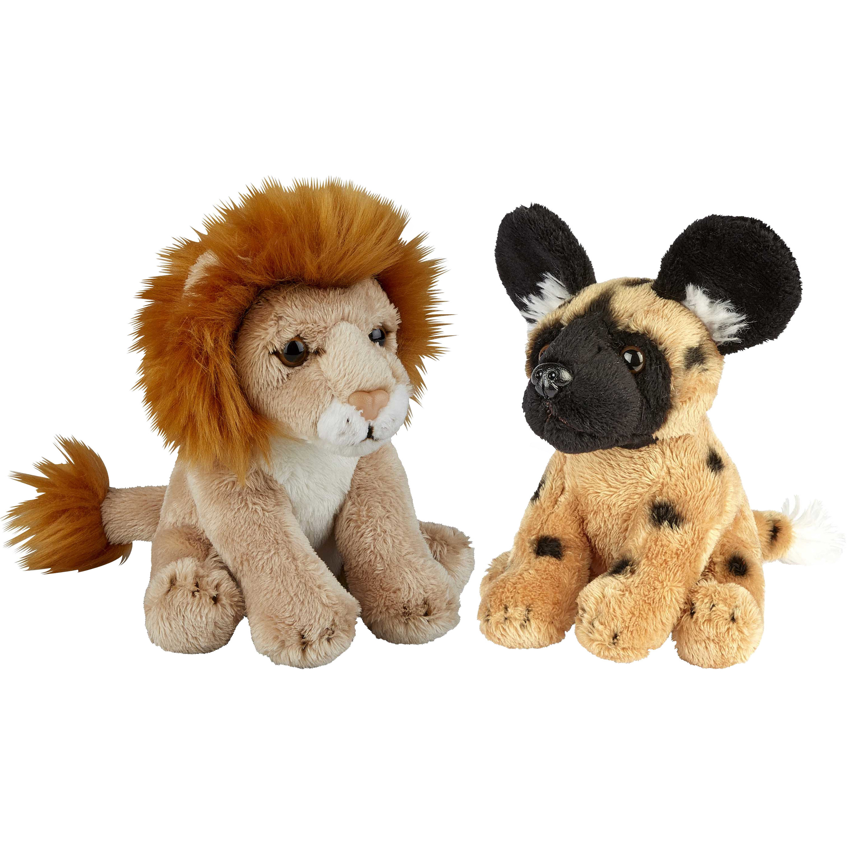 Ravensden Safari dieren serie pluche knuffels 2x stuks - Wilde Hond en Leeuw van 15 cm -