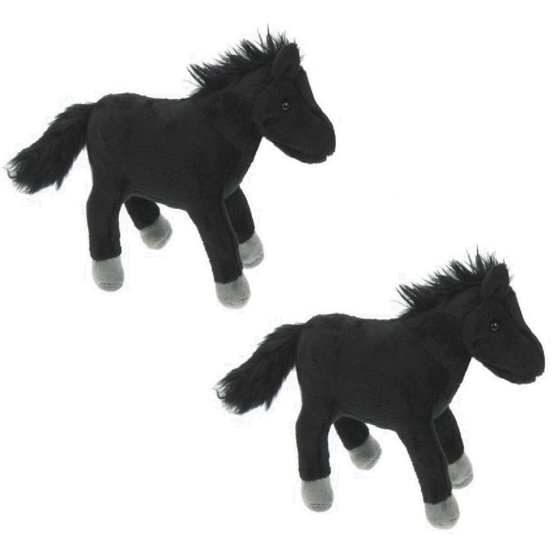 Merkloos 2x Pluche zwarte paarden knuffels 25 cm speelgoed -