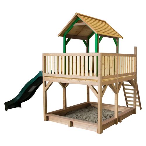 axi Spielhaus Atka mit Sandkasten & grüner Rutsche Stelzenhaus in Braun & Grün aus fsc Holz für Kinder Spielturm mit Wellenrutsche für den Garten - Braun