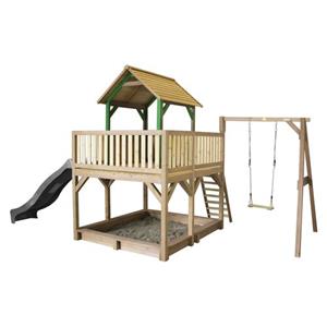 axi Spielhaus Atka mit Sandkasten, Schaukel & grauer Rutsche Stelzenhaus in Braun & Grün aus fsc Holz für Kinder Spielturm mit Wellenrutsche für den