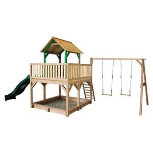 axi Spielhaus Atka mit Sandkasten, Doppelschaukel & grüner Rutsche Stelzenhaus in Braun & Grün aus fsc Holz für Kinder Spielturm mit Wellenrutsche für