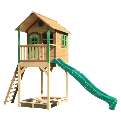 Spielhaus Romy mit Sandkasten & grüner Rutsche Stelzenhaus in Braun & Grün aus fsc Holz für Kinder Spielturm für den Garten - Braun - AXI