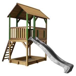 axi Spielhaus Pumba mit Sandkasten & grauer Rutsche Stelzenhaus in Braun & Grün aus fsc Holz für Kinder Spielturm mit Wellenrutsche für den Garten