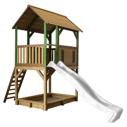 axi Spielhaus Pumba mit Sandkasten & weißer Rutsche Stelzenhaus in Braun & Grün aus fsc Holz für Kinder Spielturm mit Wellenrutsche für den Garten