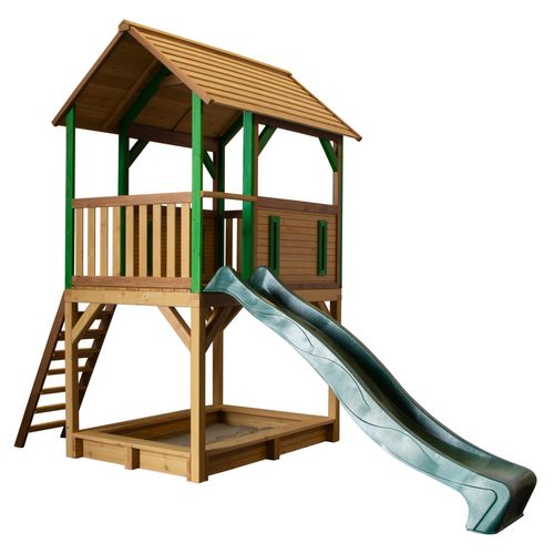 axi Spielhaus Pumba mit Sandkasten & grüner Rutsche Stelzenhaus in Braun & Grün aus fsc Holz für Kinder Spielturm mit Wellenrutsche für den Garten