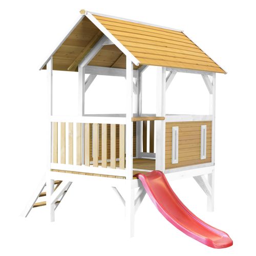 Spielhaus Akela mit roter Rutsche Stelzenhaus in Braun & Weiß aus fsc Holz für Kinder Spielturm für den Garten - Braun - AXI