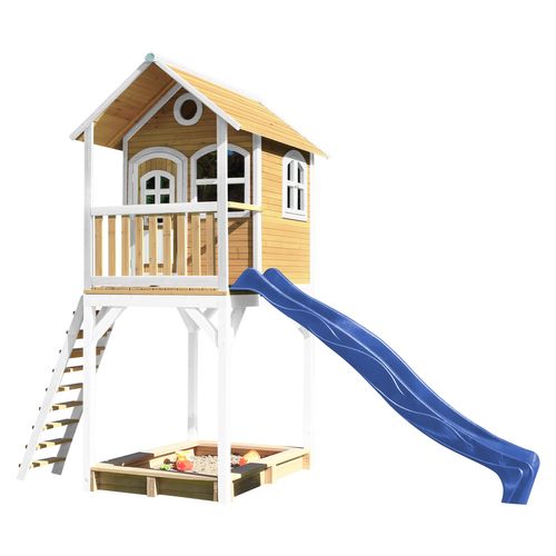 AXI Romy Speelhuis op palen, zandbak & blauwe glijbaan Speelhuisje voor de tuin / buiten in bruin & wit van FSC hout