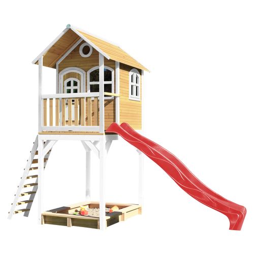 AXI Romy Speelhuis op palen, zandbak & rode glijbaan Speelhuisje voor de tuin / buiten in bruin & wit van FSC hout
