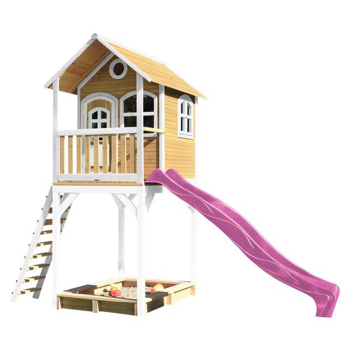 AXI Romy Speelhuis op palen, zandbak & paarse glijbaan Speelhuisje voor de tuin / buiten in bruin & wit van FSC hout