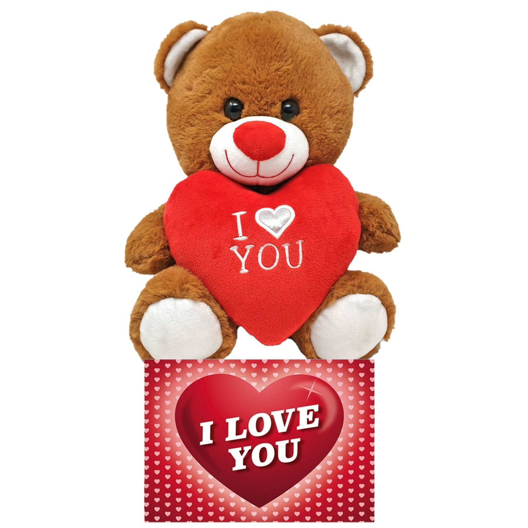 Merkloos Donker bruine pluche knuffelbeer 20 cm incl. Valentijnskaart I Love You -