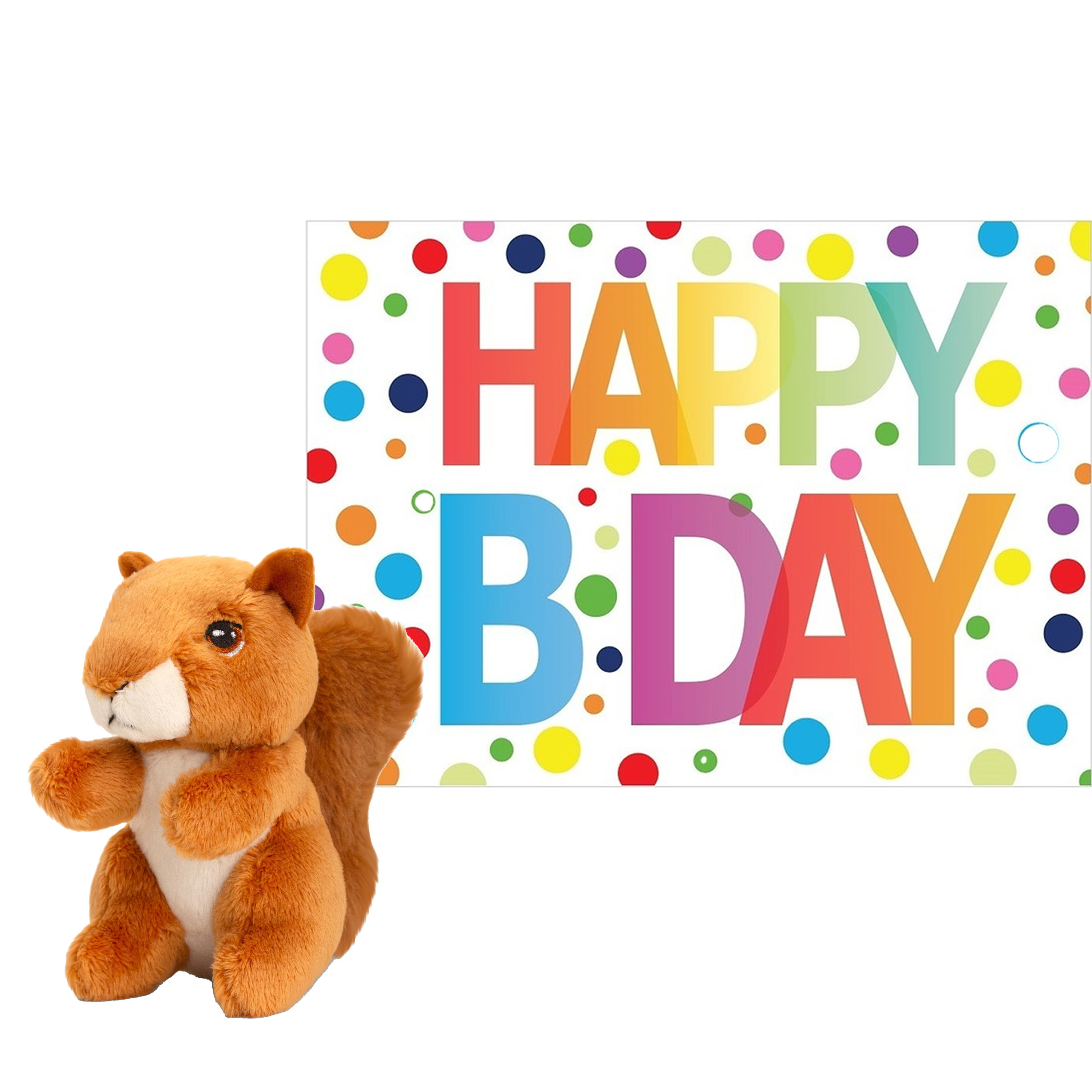Keel Toys Pluche dieren knuffel eekhoorn 12 cm met Happy Birthday wenskaart -