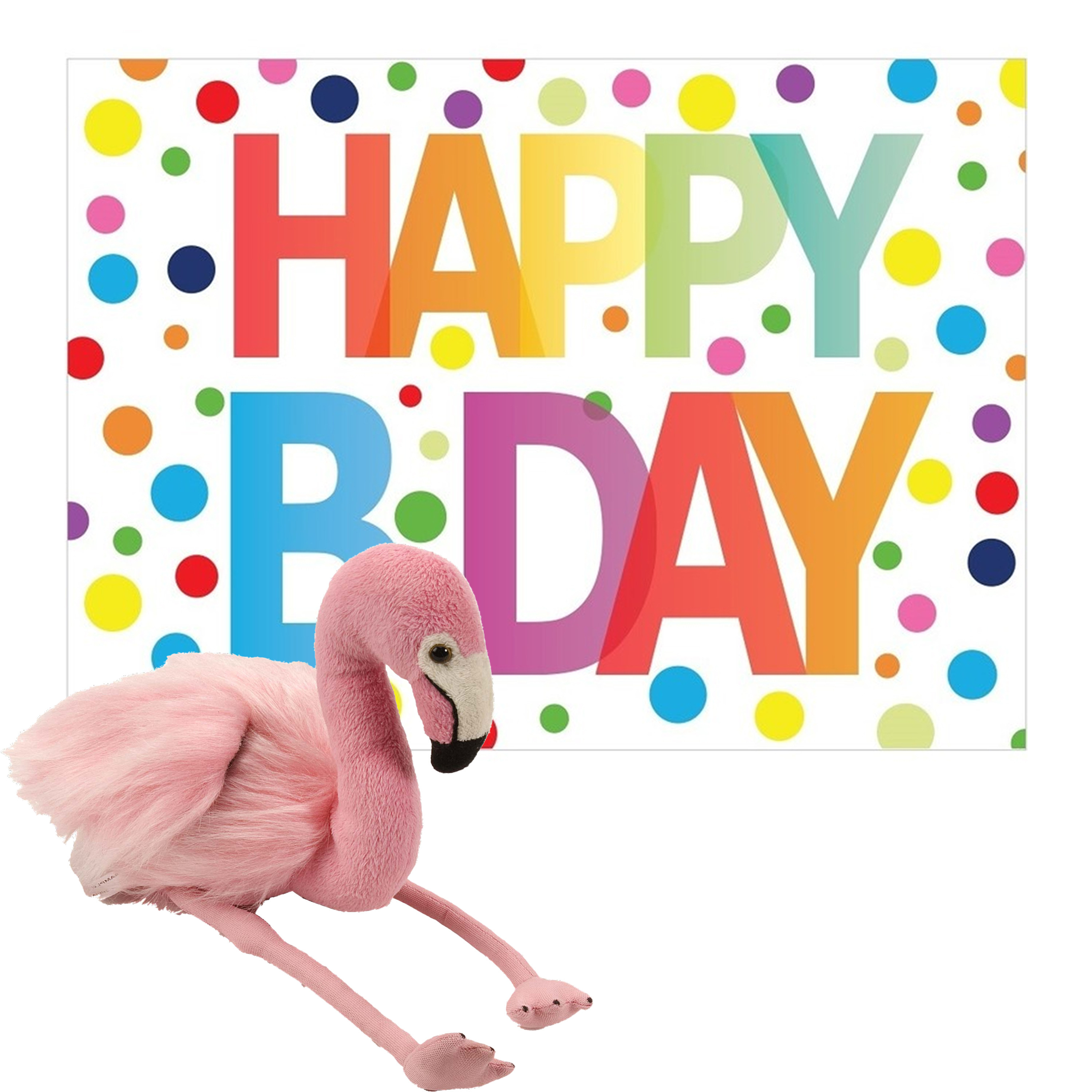 Wild Republic Pluche dieren knuffel flamingo 20 cm met Happy Birthday wenskaart -