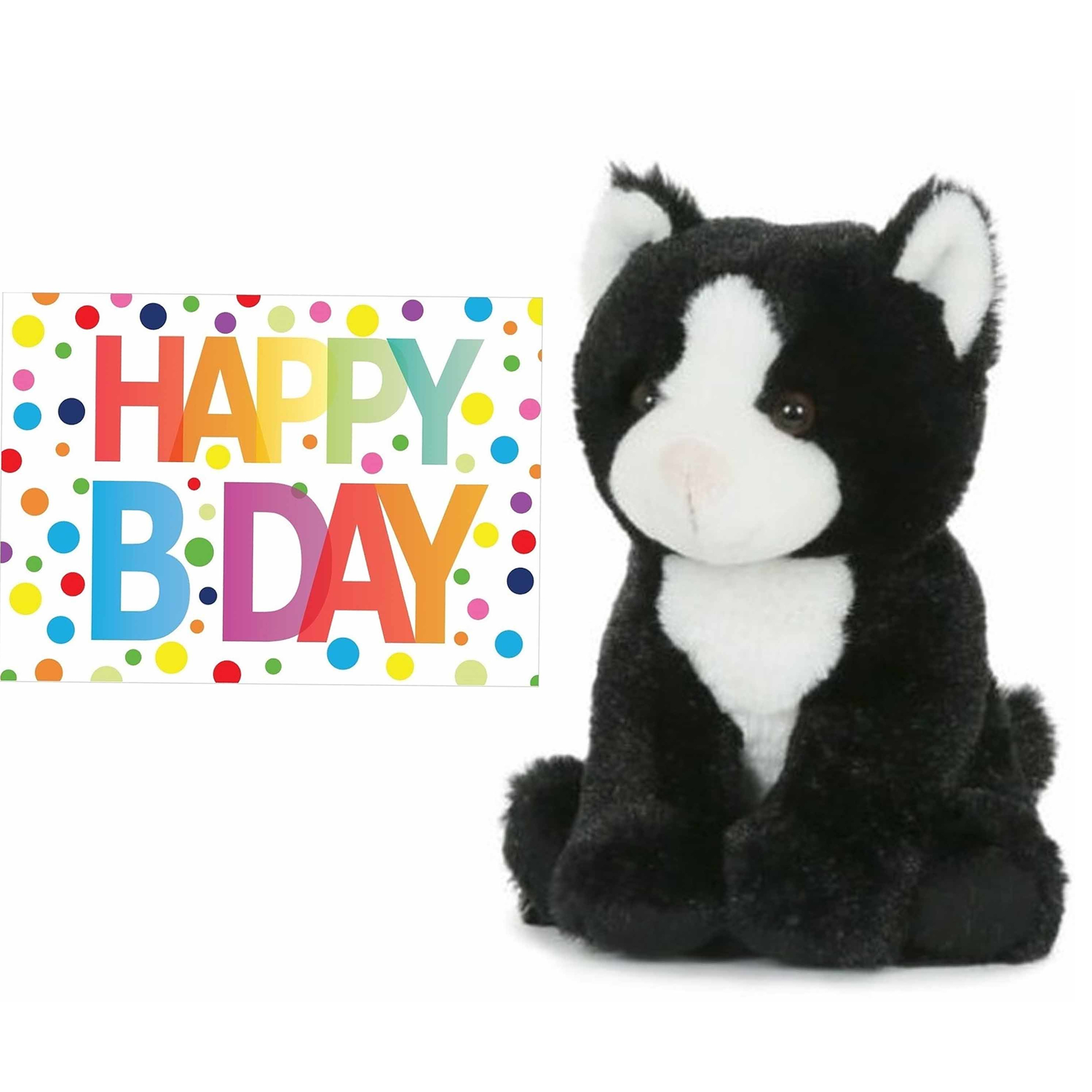 Semo Pluche knuffel kat/poes zwart/wit 18 cm met A5-size Happy Birthday wenskaart -