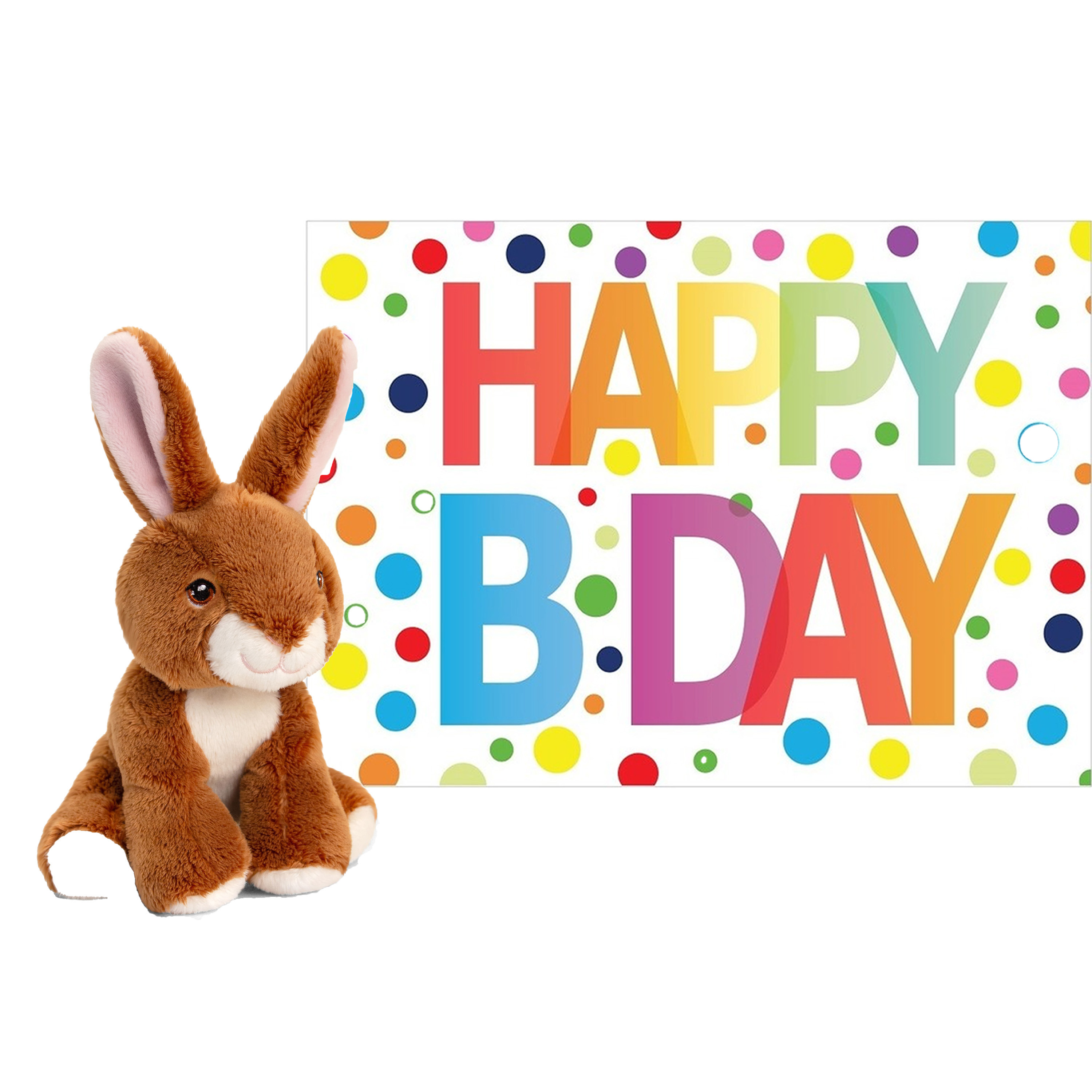 Keel Toys Pluche dieren knuffel konijn 12 cm met Happy Birthday wenskaart -