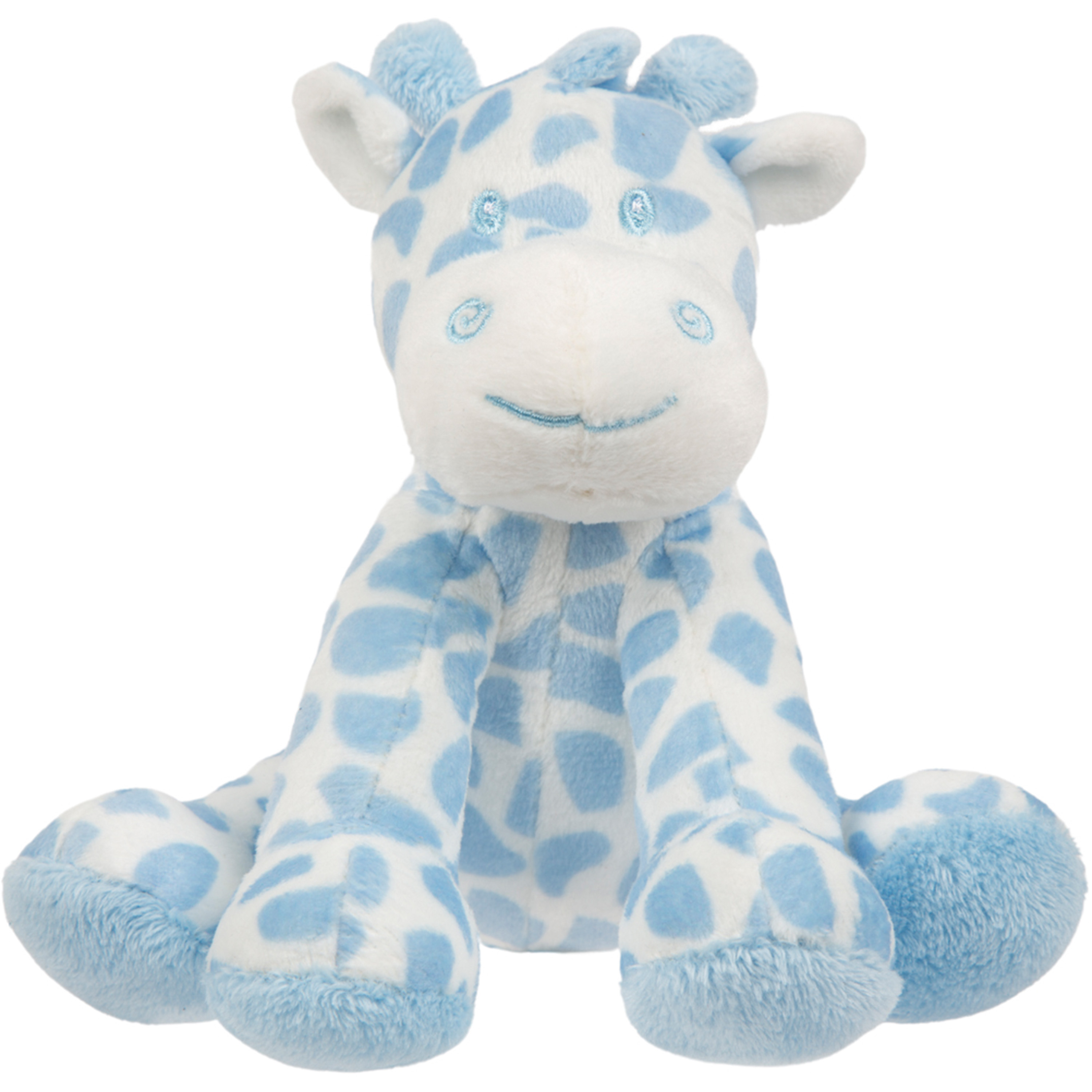 pluche gevlekte giraffe knuffeldier - blauw/wit - zittend - 14 cm -