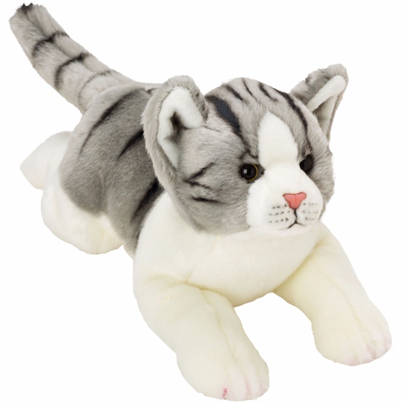 Suki Gifts Pluche poes/kat knuffel liggend grijs/wit 33 cm -