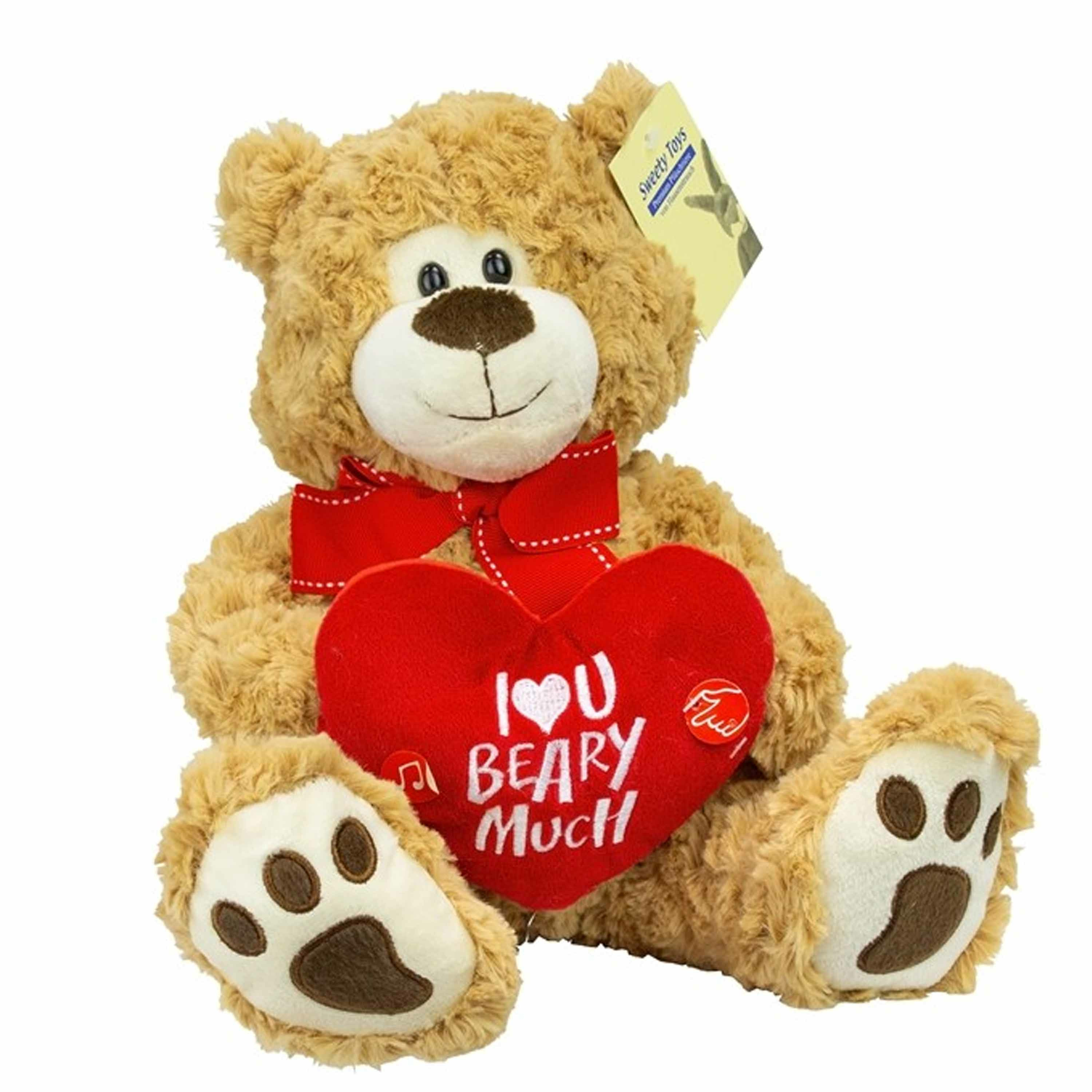 Merkloos Pluche knuffelbeer/teddybeer met I love you hartje - met geluid - licht bruin - 30 cm -