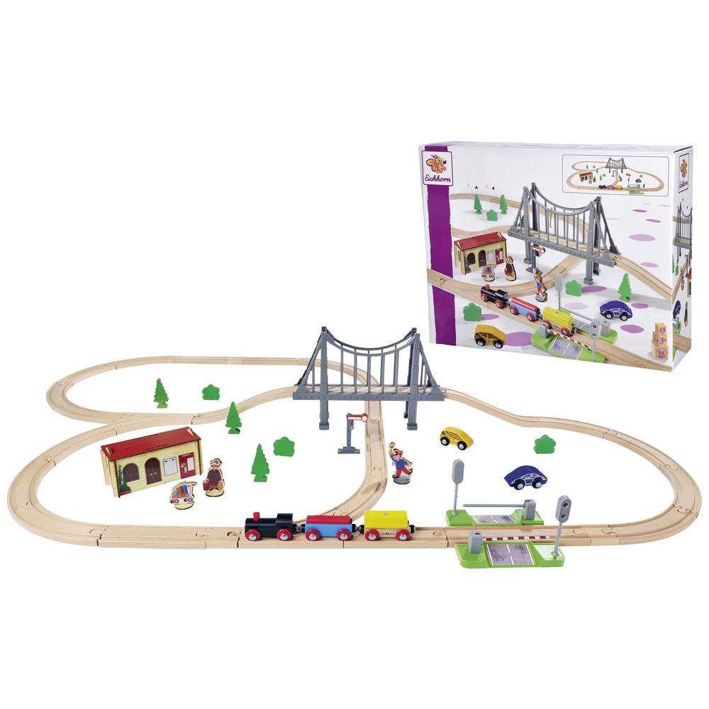 Simba Toys GmbH & Co. Eichhorn 100006204 - Holz-Schienenbahn, Bahnset mit Brücke, 55-teilig, Gesamtlänge: 500 cm