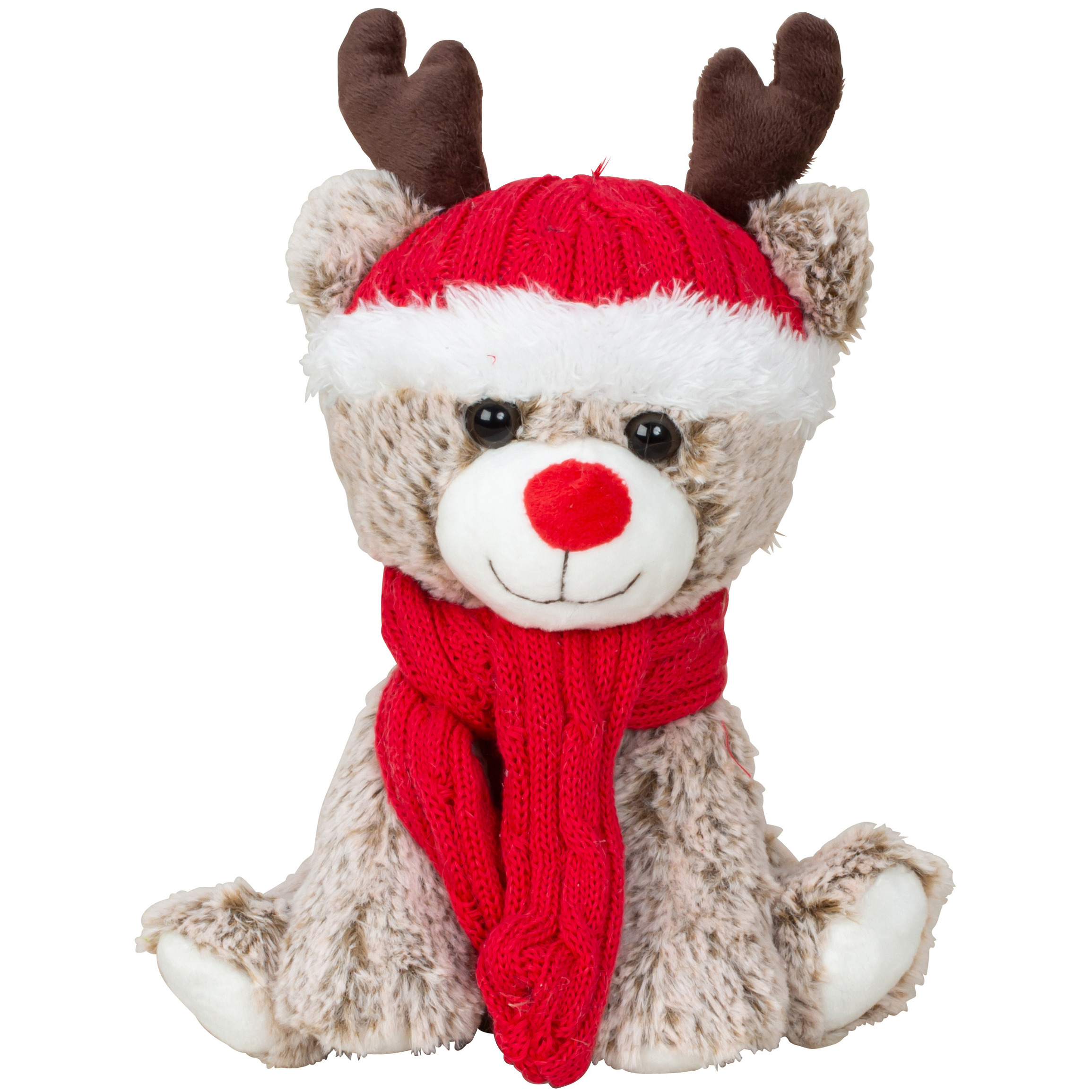 Merkloos Pluche rendier knuffel - 25 cm - met rode muts en sjaal - knuffeldier -