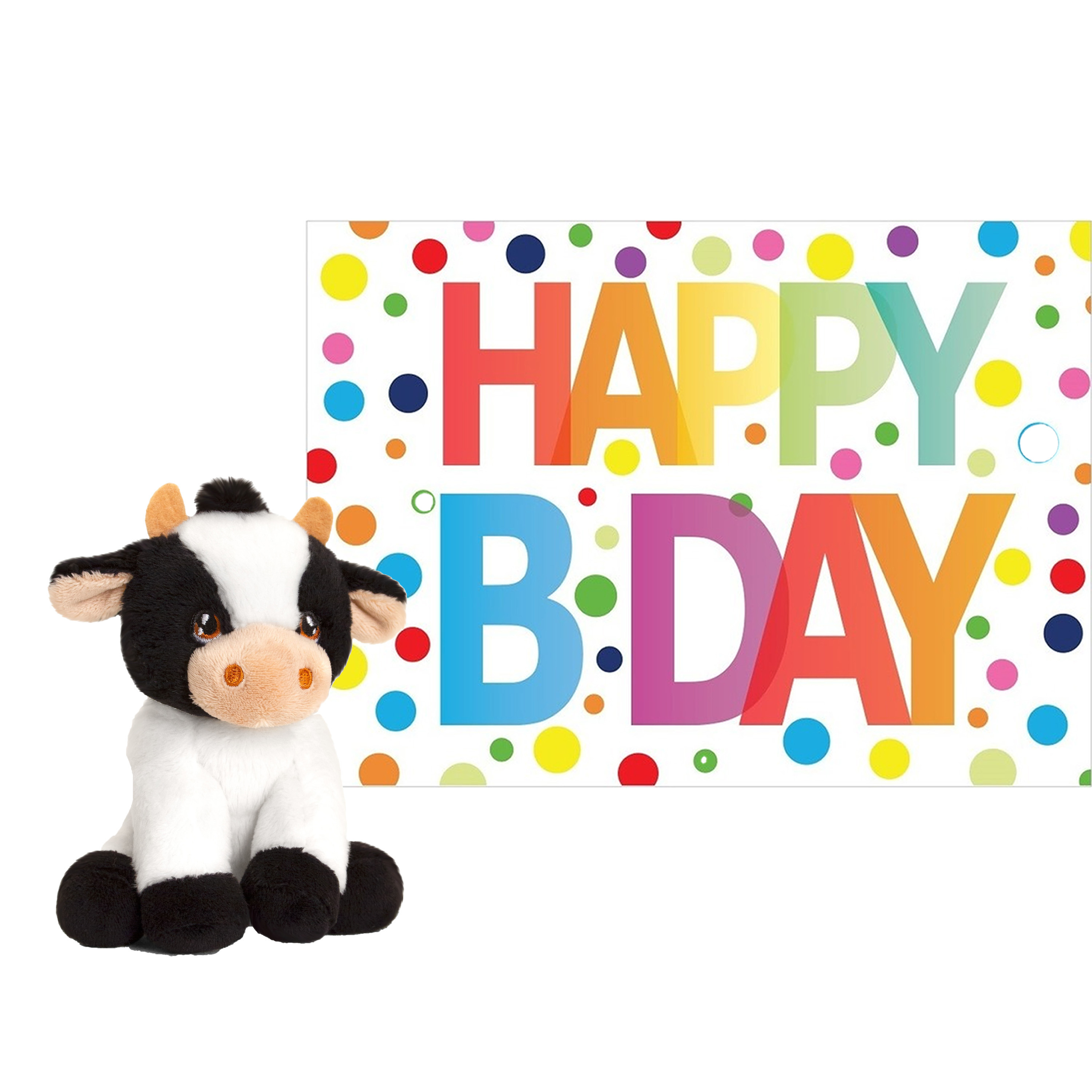 Keel Toys Pluche dieren knuffel koe 12 cm met Happy Birthday wenskaart -