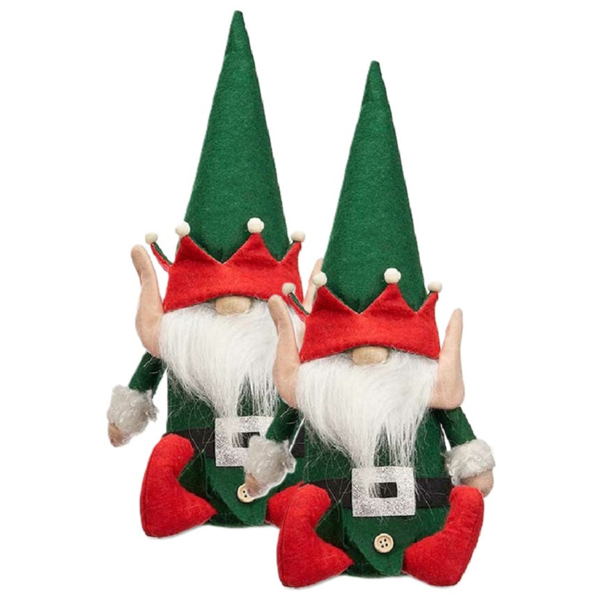 Krist+ kerstelf knuffels - 2x - 35 cm - pluche - groen/rood - kerstknuffel elf -