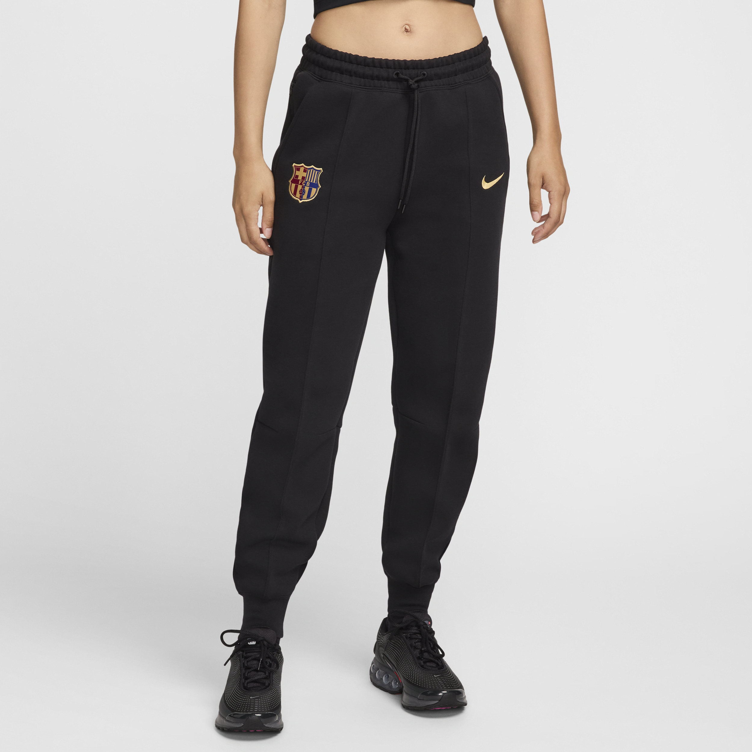 Nike FC Barcelona Tech Fleece  voetbaljoggingbroek met halfhoge taille voor dames - Zwart