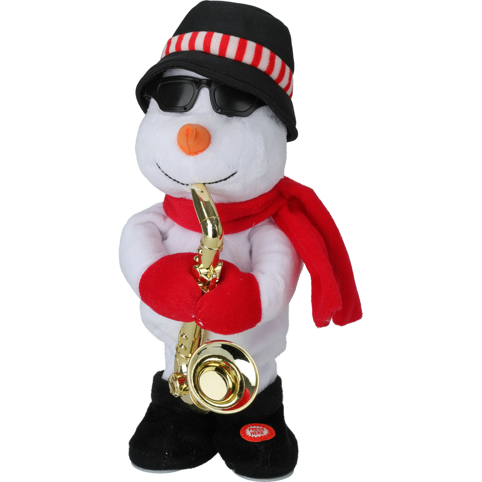 Tender Toys Sneeuwpop pop - met saxofoon - dansend met muziek - 35 cm- kerstfiguur -