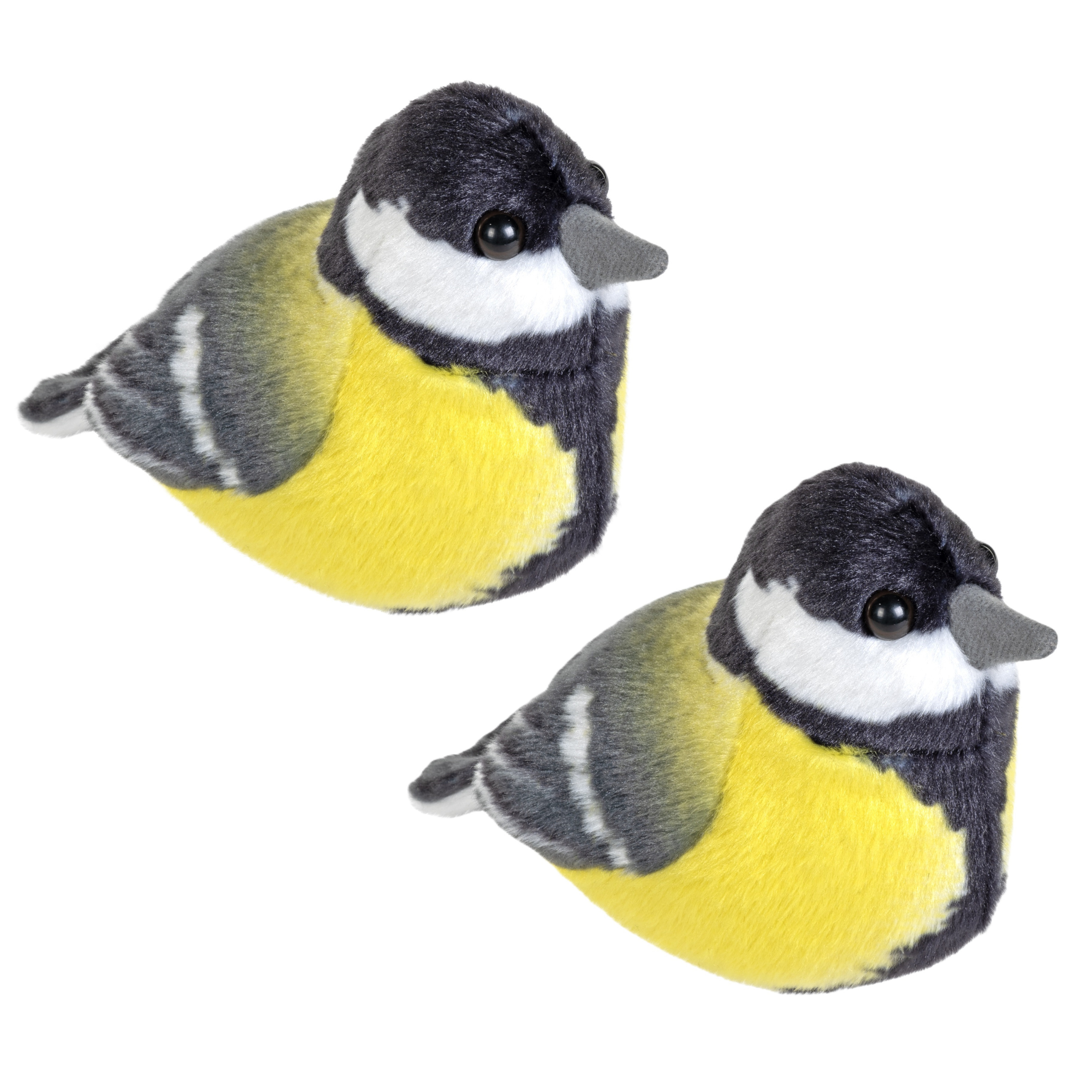 Wild Republic pluche koolmees knuffel - 2x - 14 cm - vogels - zachte knuffels - met echt geluid -