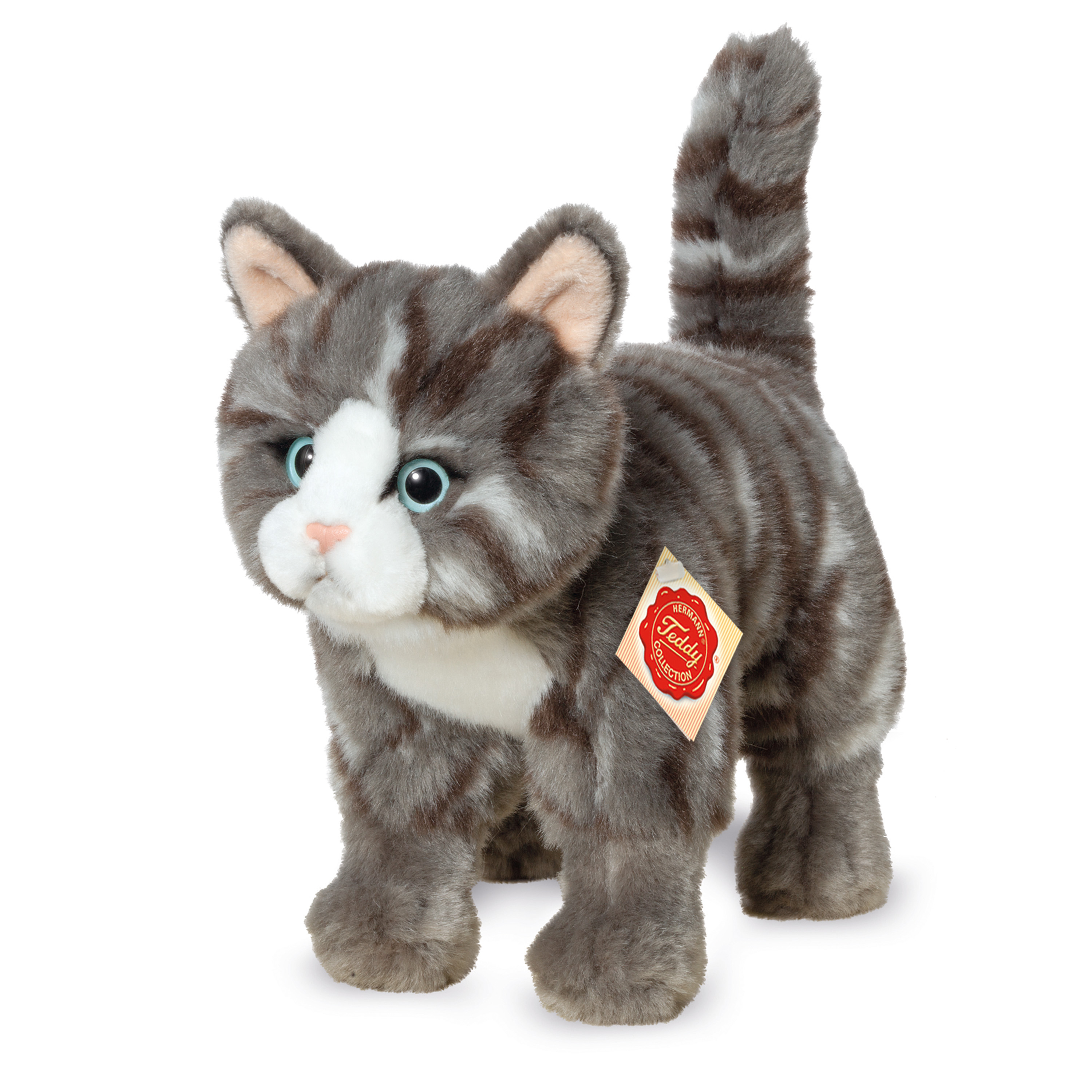 Teddy Hermann Knuffeldier kat/poes - zachte pluche stof - premium kwaliteit knuffels - grijs/wit - 20 cm -