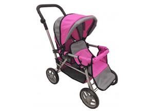Tweelingpoppenstroller met verstelbare duwstang roze/grijs