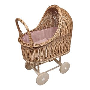 Playwood Rieten poppenwagen Connie - Roze bekleding incl. matrasje en kussen