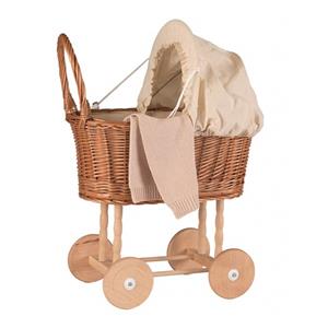 Rieten poppenwagen met stoffen kap - Ecru