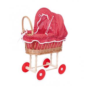 Opengewerkte rieten poppenwagen met stoffen kap - Rood