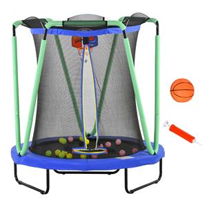 ZONEKIZ Kindertrampoline met Basketbalring, Basketbal, 20 Ballen, tot 50 kg, Ø140 x 155H cm, Blauw/Groen