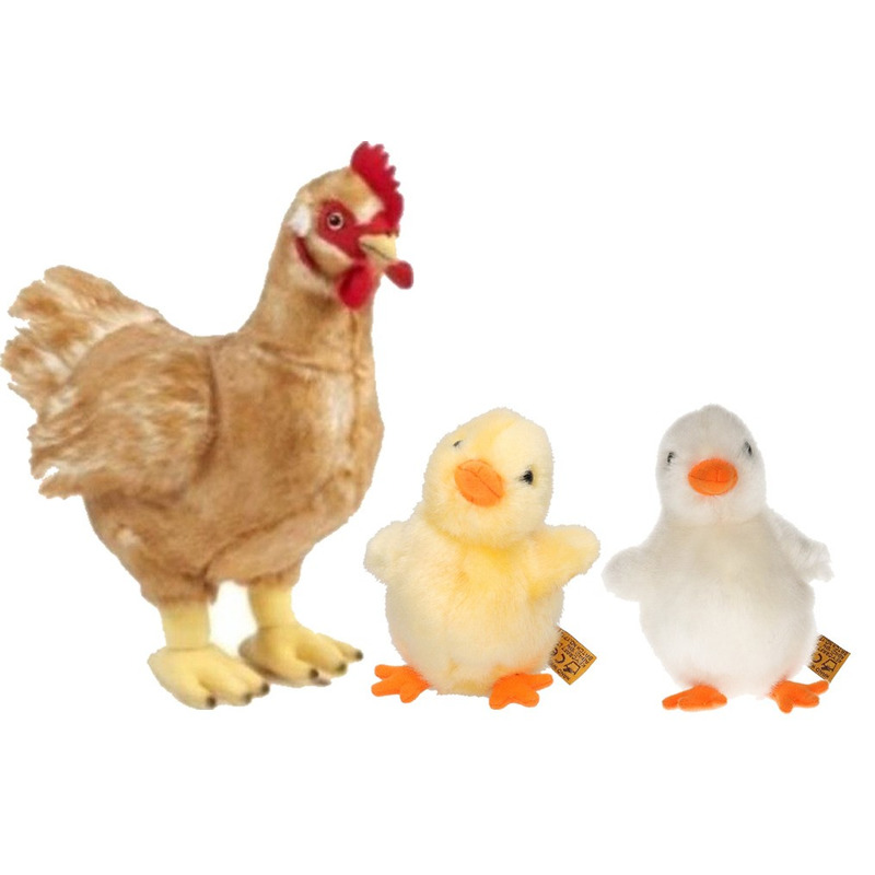 Living Nature Set van Pluche kip met gele en witte kuiken knuffel speelgoed -