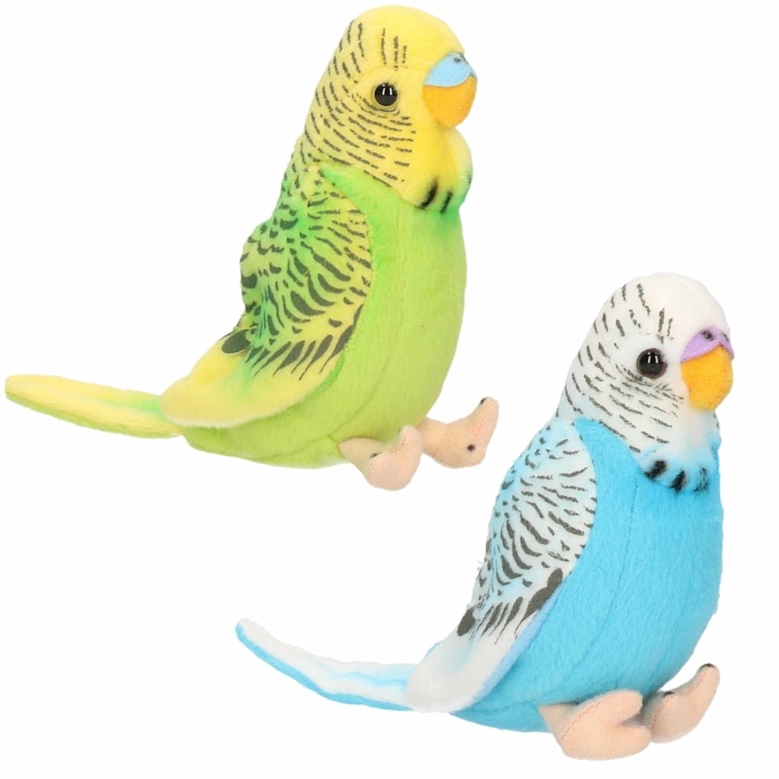 Merkloos Pluche knuffel parkieten setje vogels blauw en groen 11 cm -