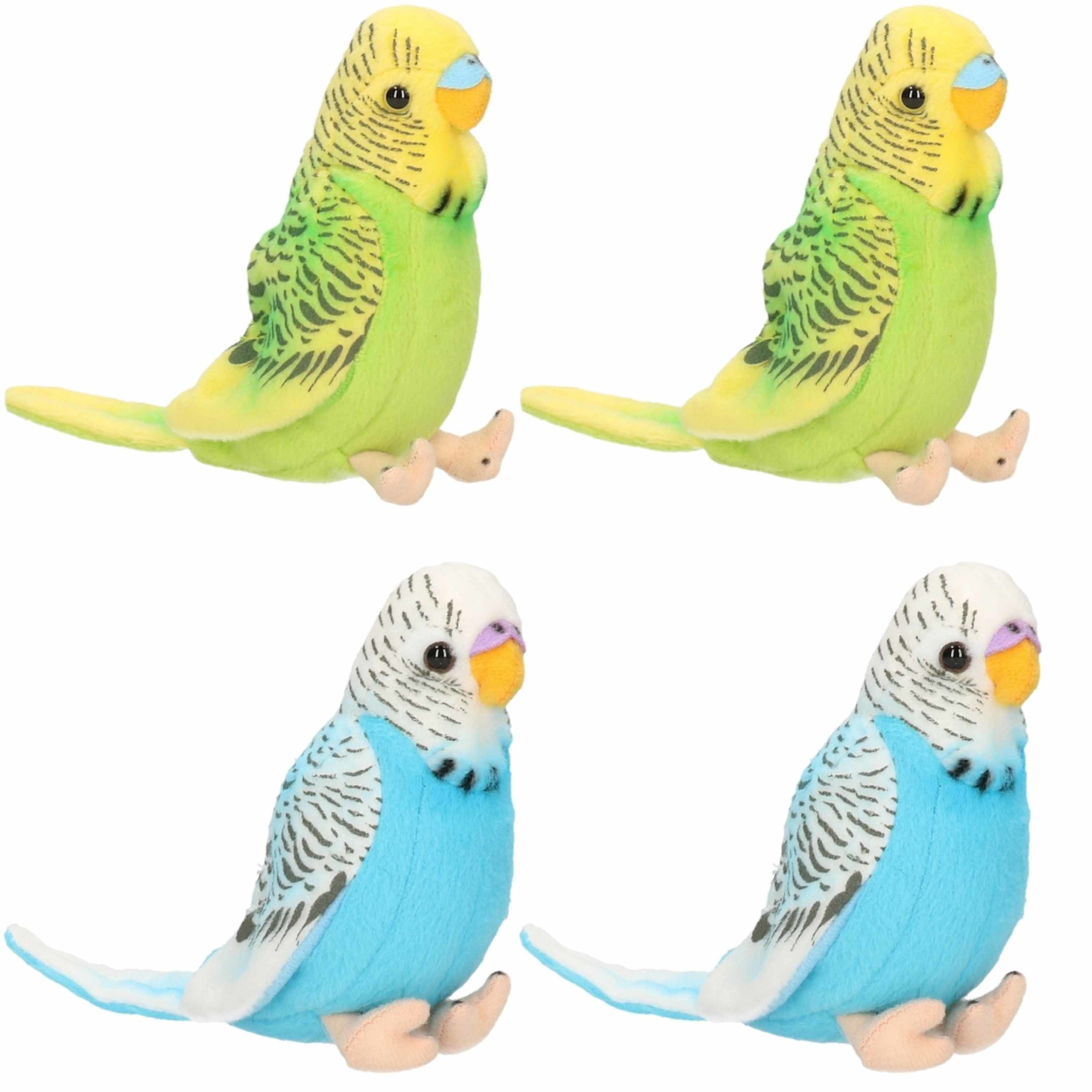Merkloos 4x stuks pluche knuffel parkieten setje vogels blauw en groen 11 cm -