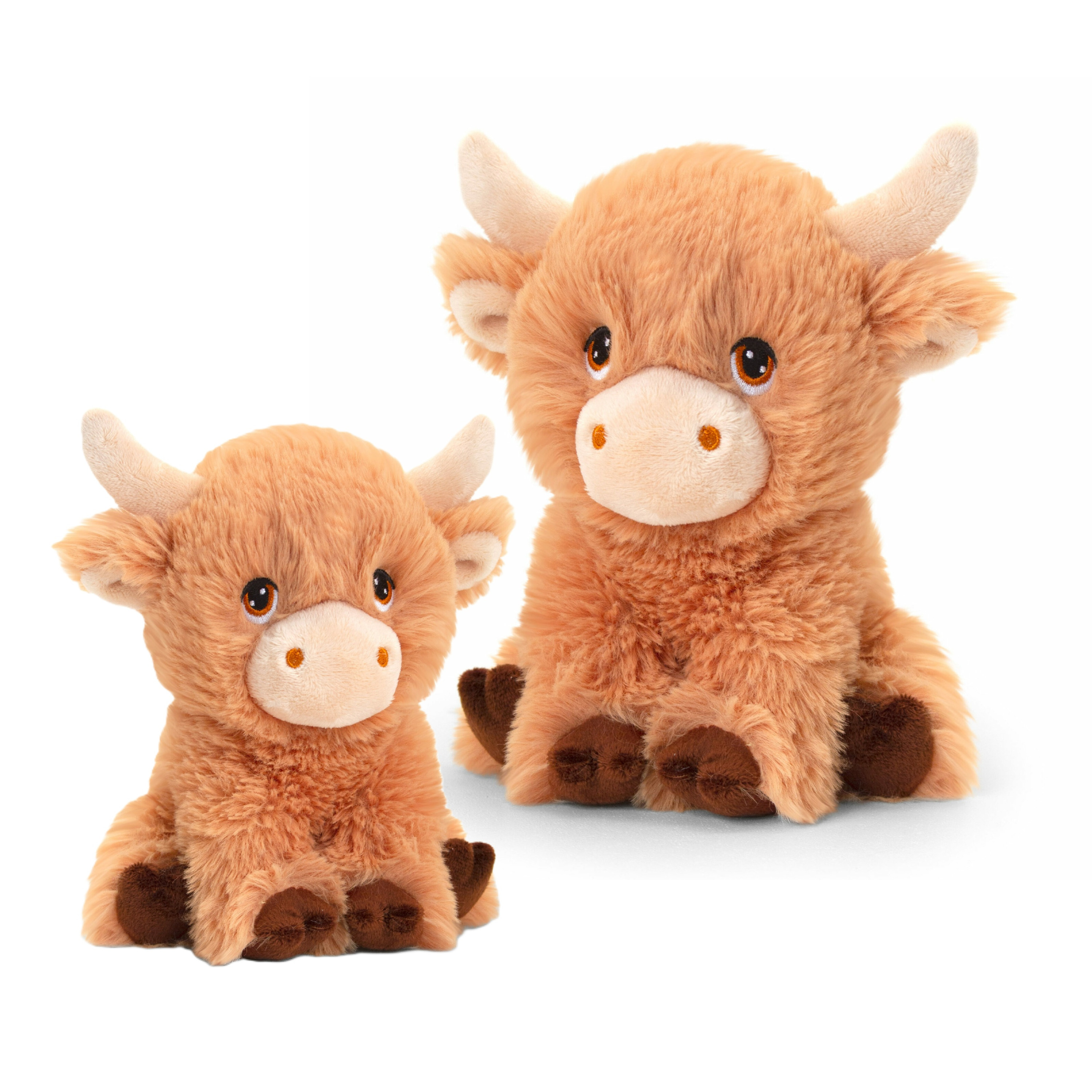 Keel Toys 2x koeien knuffels - pluche Schotse hooglander koeien - 18 en 25 cm -