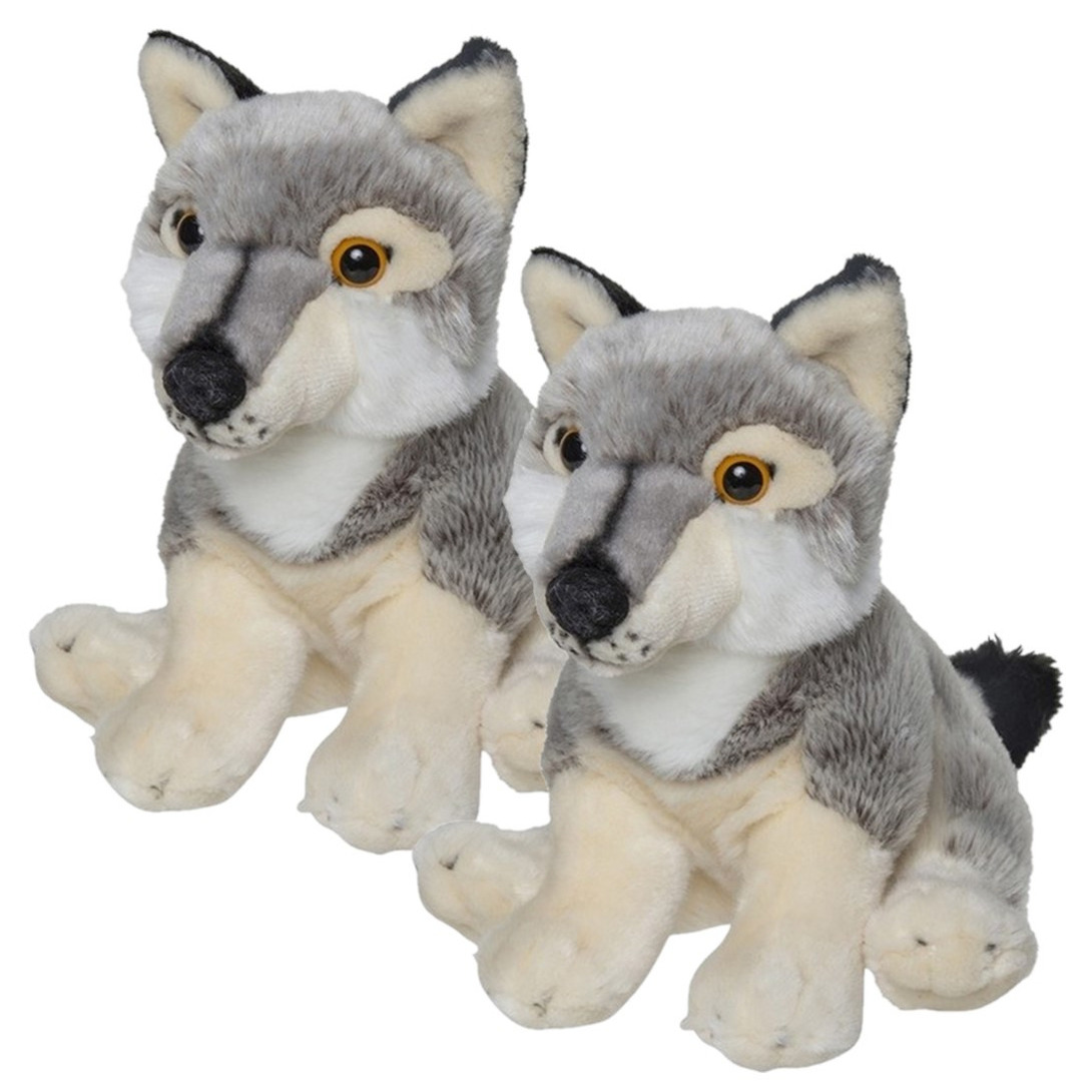 Nature Planet 2x stuks pluche grijze wolf/wolven knuffel 22 cm speelgoed -