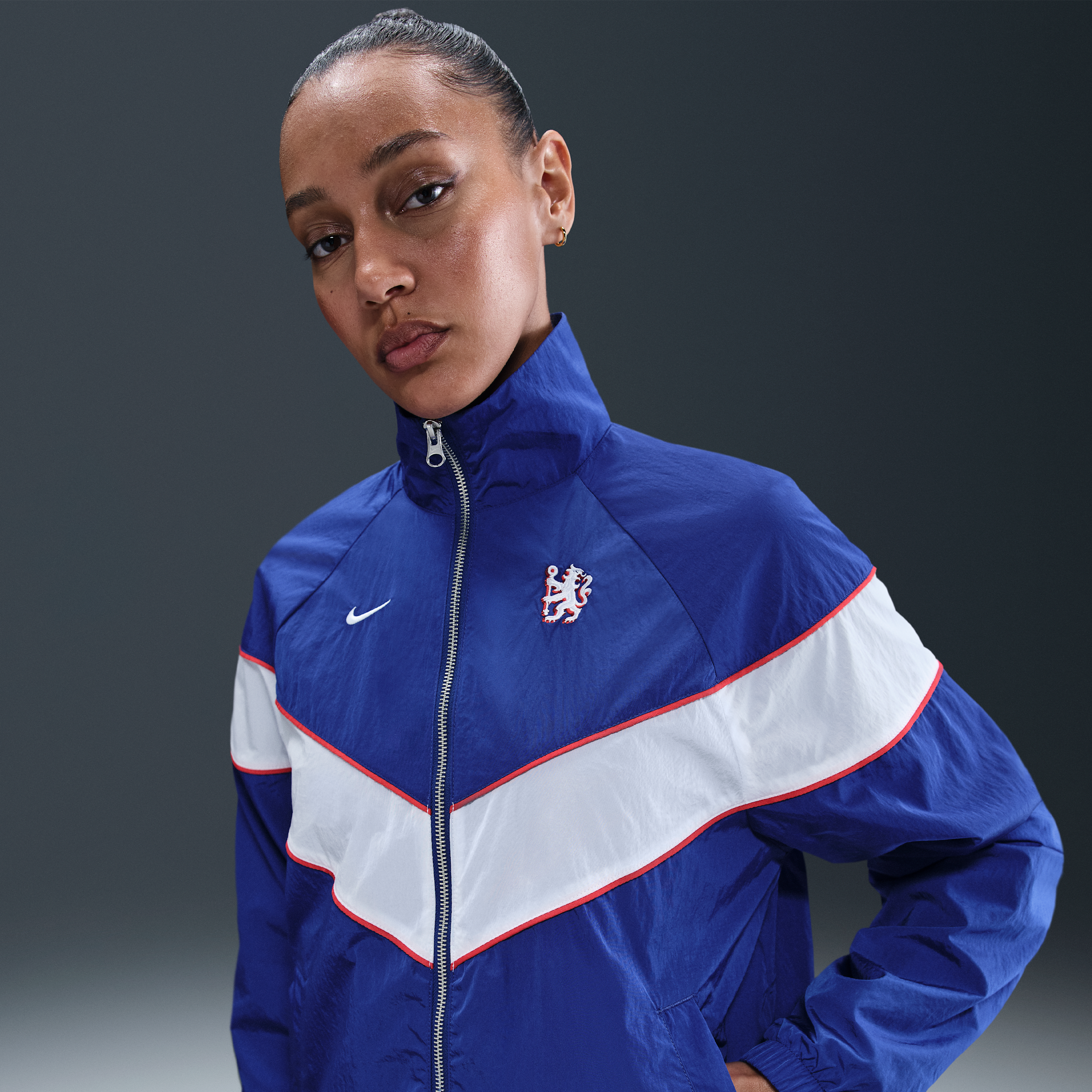 Nike Chelsea FC Windrunner  geweven voetbaljack met uv-bescherming en rits over de hele lengte voor dames - Blauw