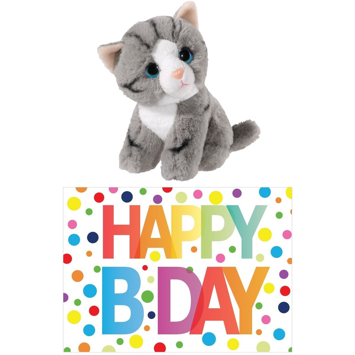 Merkloos Cadeau setje pluche grijze kat/poes knuffel 14 cm met Happy Birthday wenskaart -