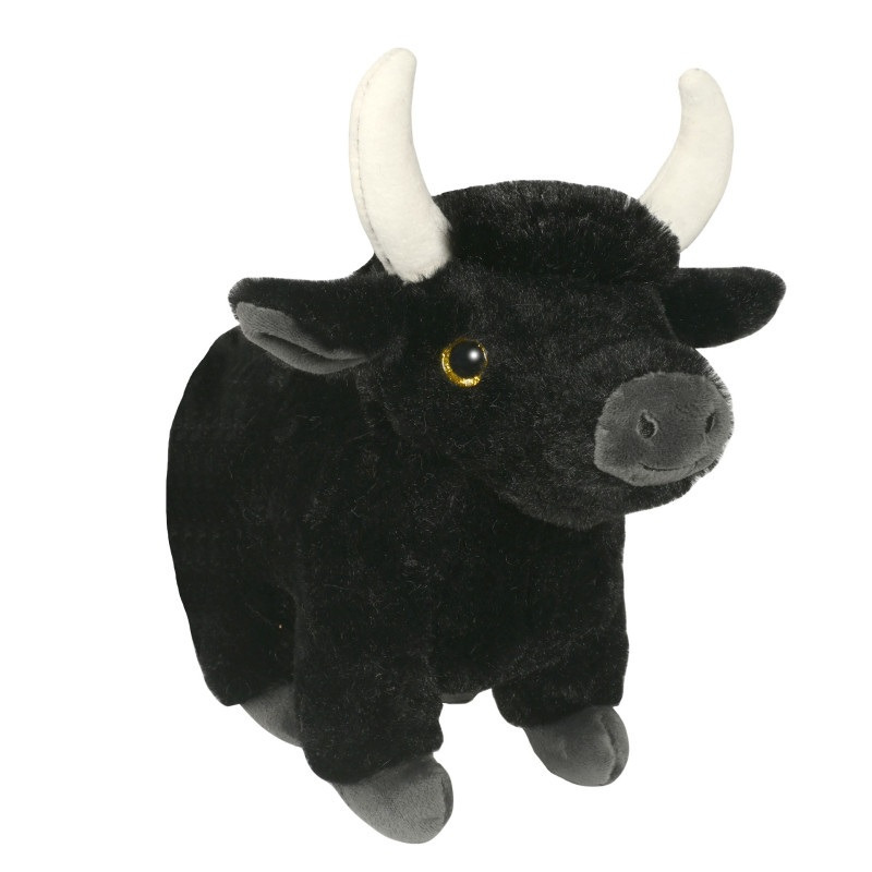 Sandy Stier/koe knuffel - zwart - pluche - 21 cm - dieren knuffels - knuffeldieren - knuffelkoe -