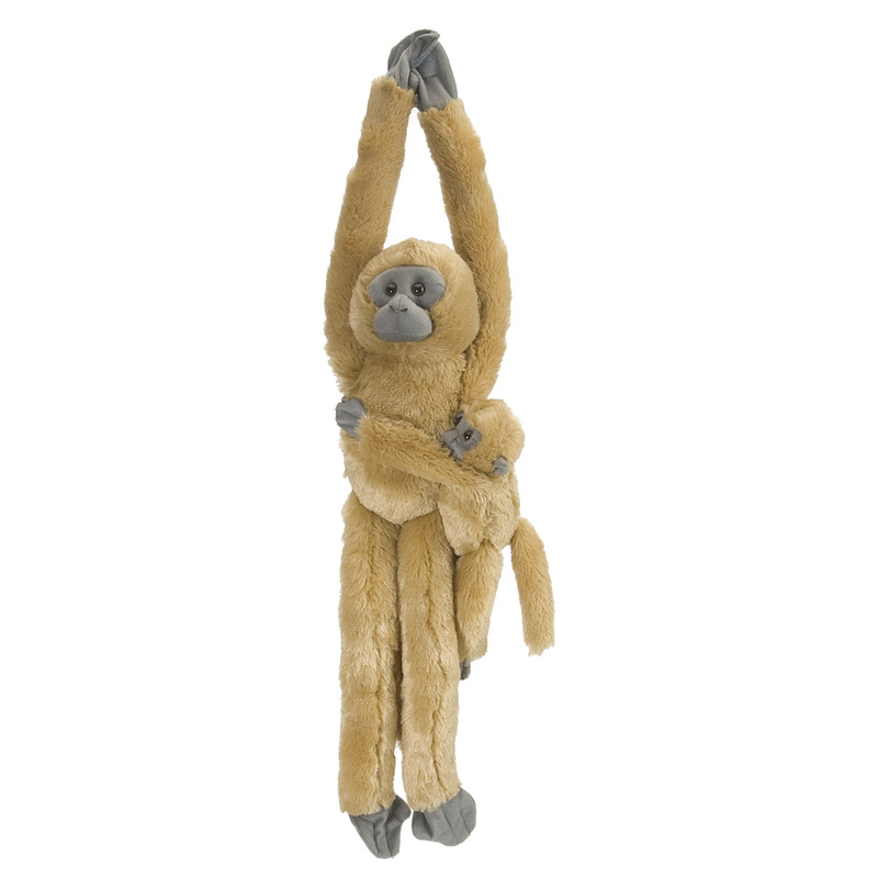 Wild Republic Pluche hangende aap - met baby knuffeldier - lichtbruin - 53 cm -