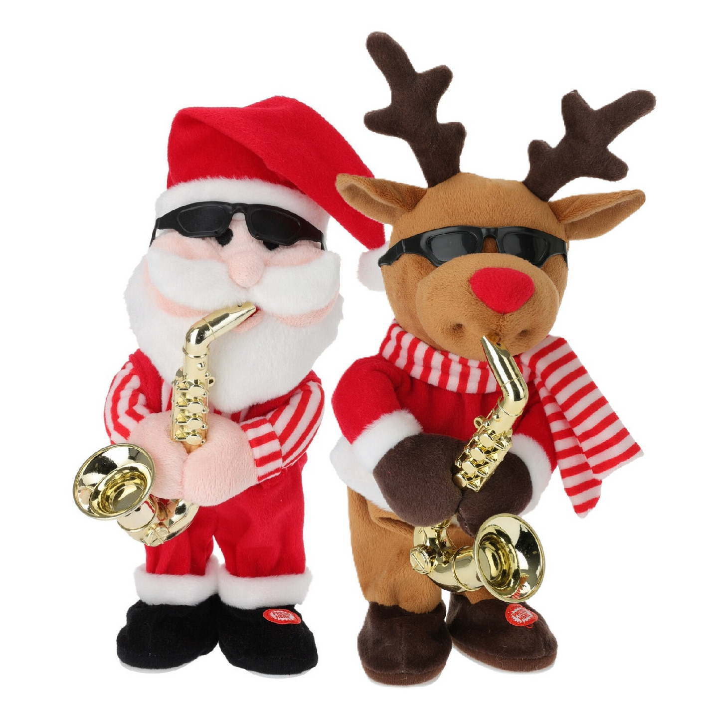 Tender Toys Kerstpoppen - kerstman en rendier - dansend met muziek - 35 cm -