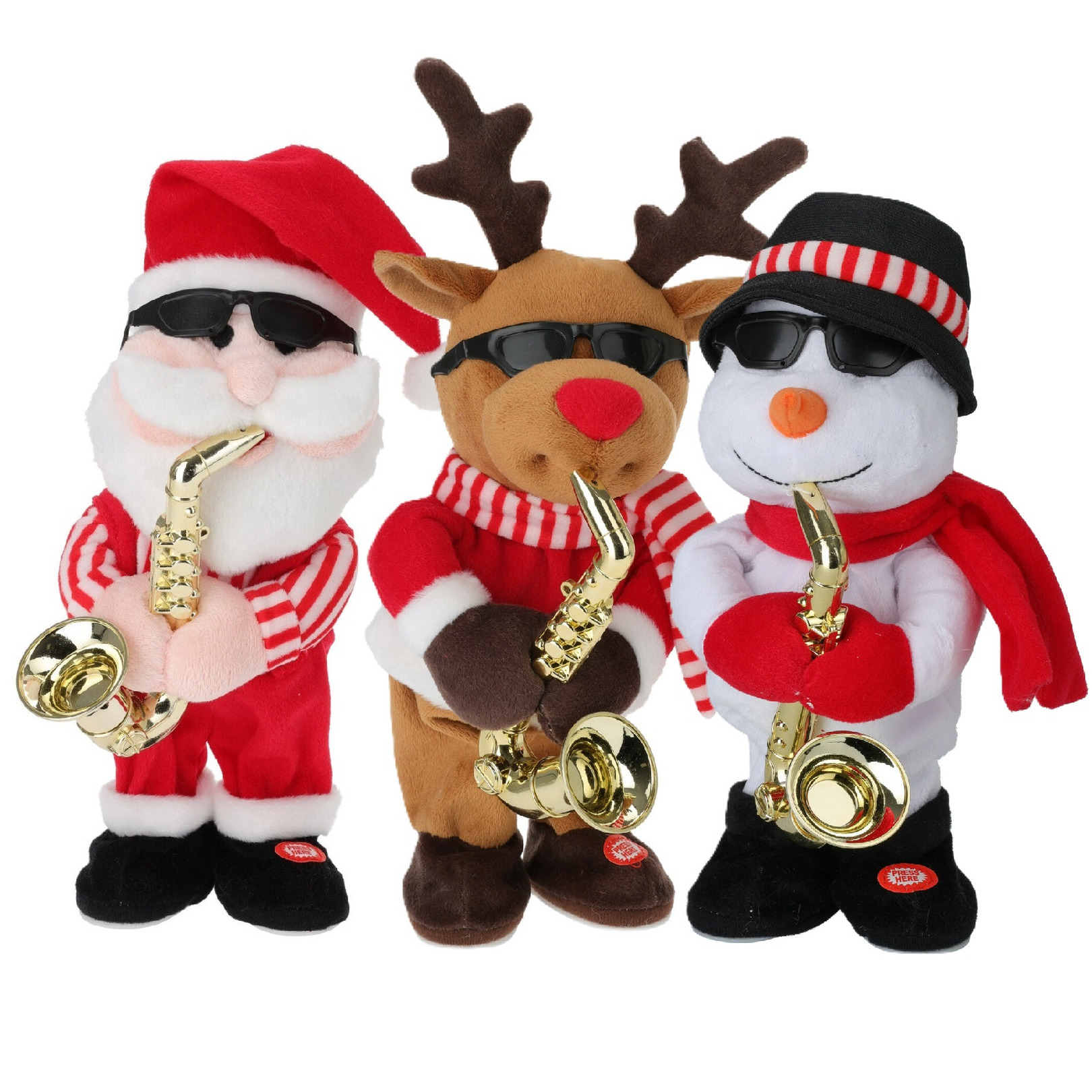 Tender Toys Kerstpoppen - kerstman, sneeuwpop, rendier - dansend met muziek - 35 cm -