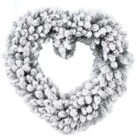 Kerstversiering kerstkrans hart met sneeuw deco 50 cm Wit