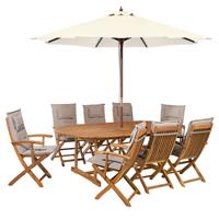 beliani Gartenmöbel Set Hellbraun und Grau-Beige Akazienholz 10-Teilig Ovaler Tisch mit 8 Stühlen 8 Auflagen 1 Sonnenschirm Terrasse Outdoor Modern - Bunt